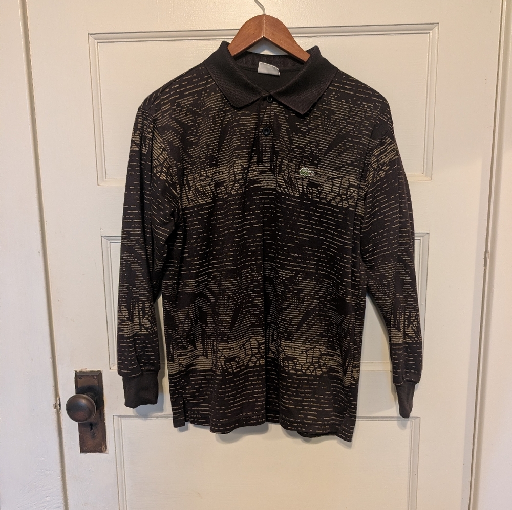 Vintage Y2k Lacoste Brown Long Sleeve Print Polo Shirt Men's Medium